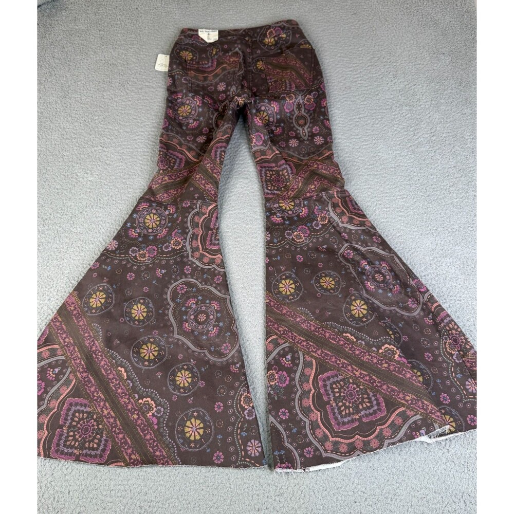 FREE PEOPLE Flare Paisley Jeans Women 26 Brown Just Float On High Rise Raw Hem